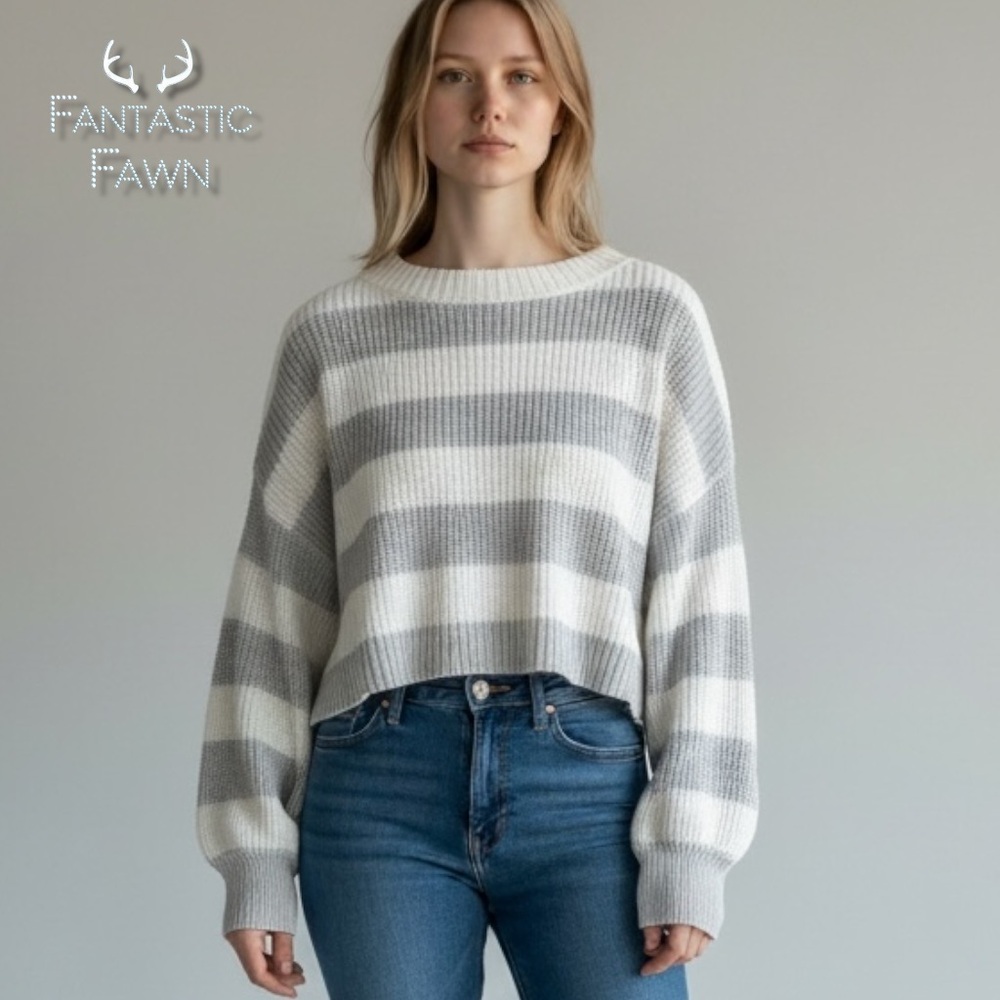 Fantastic Fawn Sweater Striped Cropped Pullover Boyfriend Baggy Preppy | Sz S